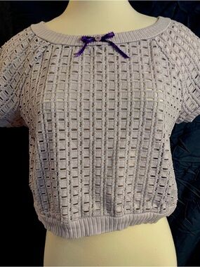Anthropologie Lavender Open-Knit Short Sleeve Tee with Purple Bow